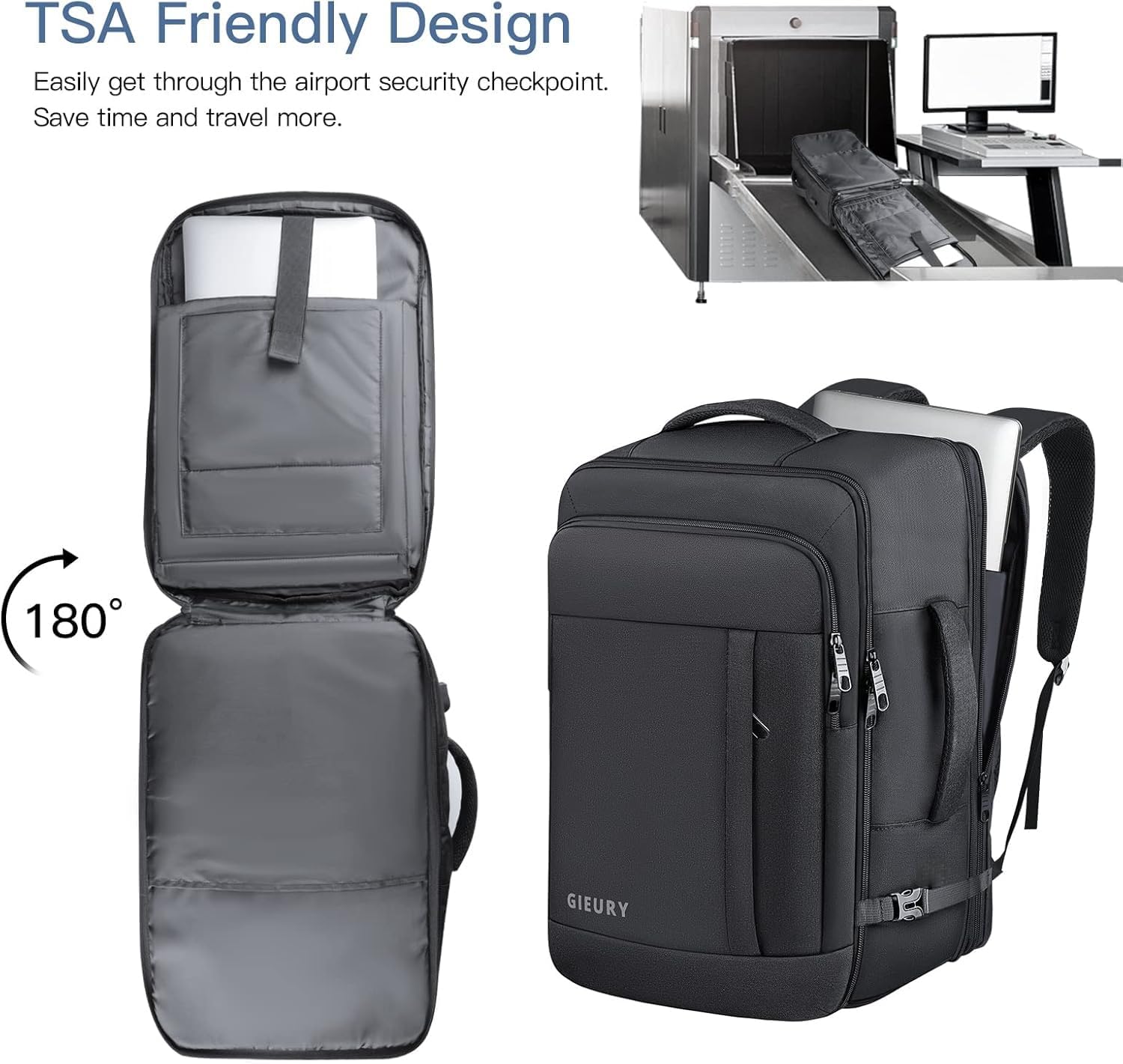 Gieury Carry On Backpack, 50L Travel Backpack, Luggage Backpack TSA Flight Approved Laptop Backpack for Men & Women, Large Expandable 40L Daypack Lightweight Business Weekender Bag, Black - Image 4