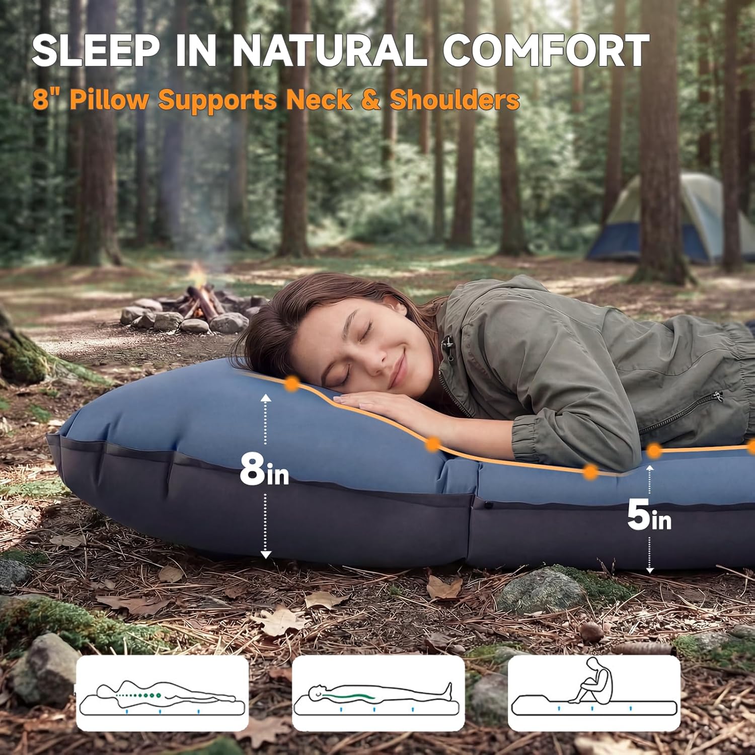 Camping Sleeping Pad, 5" Ultralight Inflatable Sleeping Mat with Pillow, Built-in Foot Pump Inflatable Sleeping Pads Compact for Camping Backpacking Hiking Traveling Tent - Image 2