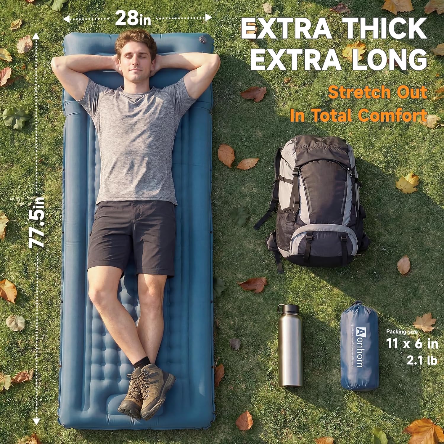 Camping Sleeping Pad, 5" Ultralight Inflatable Sleeping Mat with Pillow, Built-in Foot Pump Inflatable Sleeping Pads Compact for Camping Backpacking Hiking Traveling Tent - Image 3